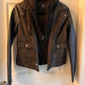 American Eagle Outfitters Dark Brown Leather Motto  Jacket